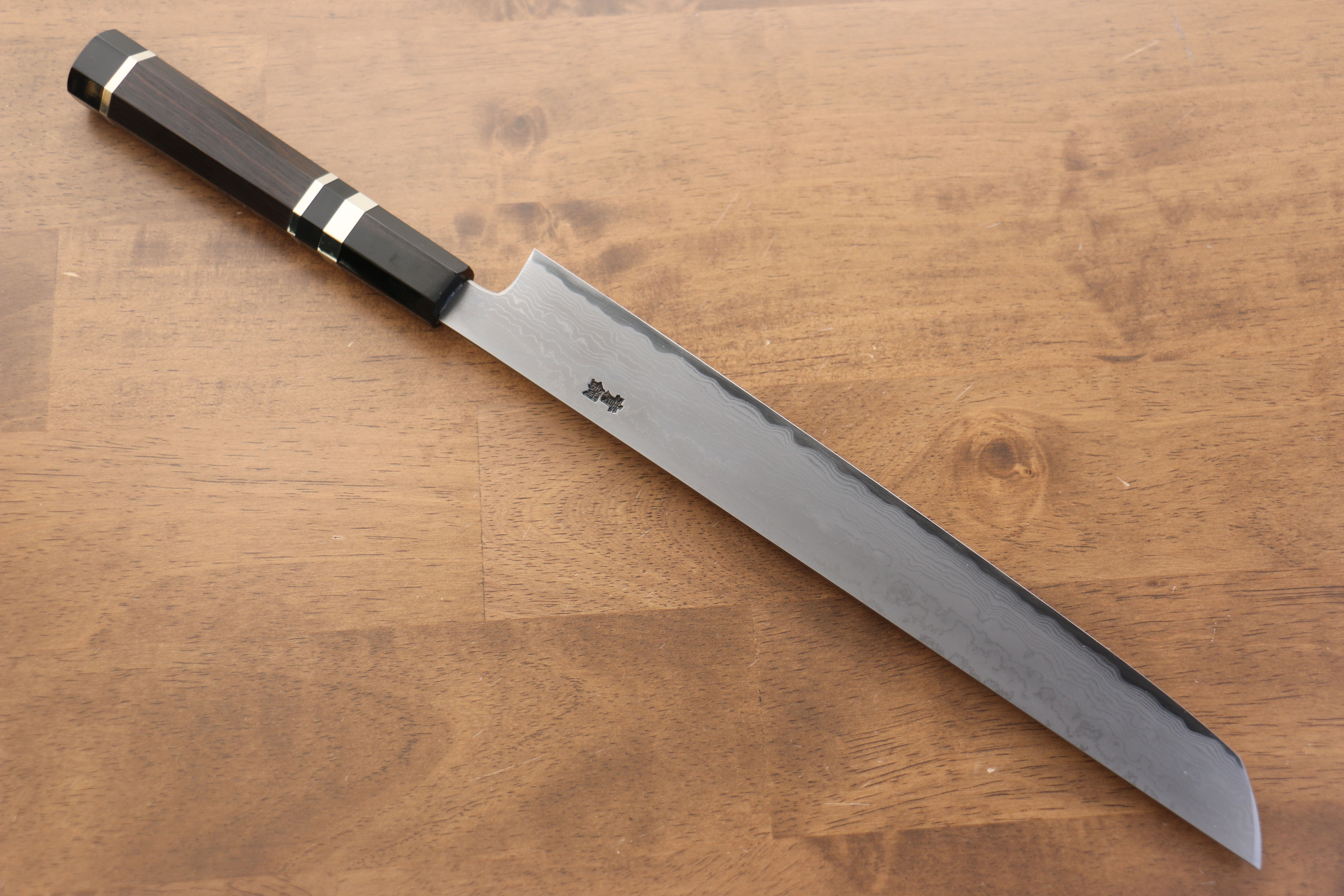 Jikko Blue Steel Damascus Sakimaru Sujihiki  270mm Ebony with Double Ring Handle - Japanny - Best Japanese Knife