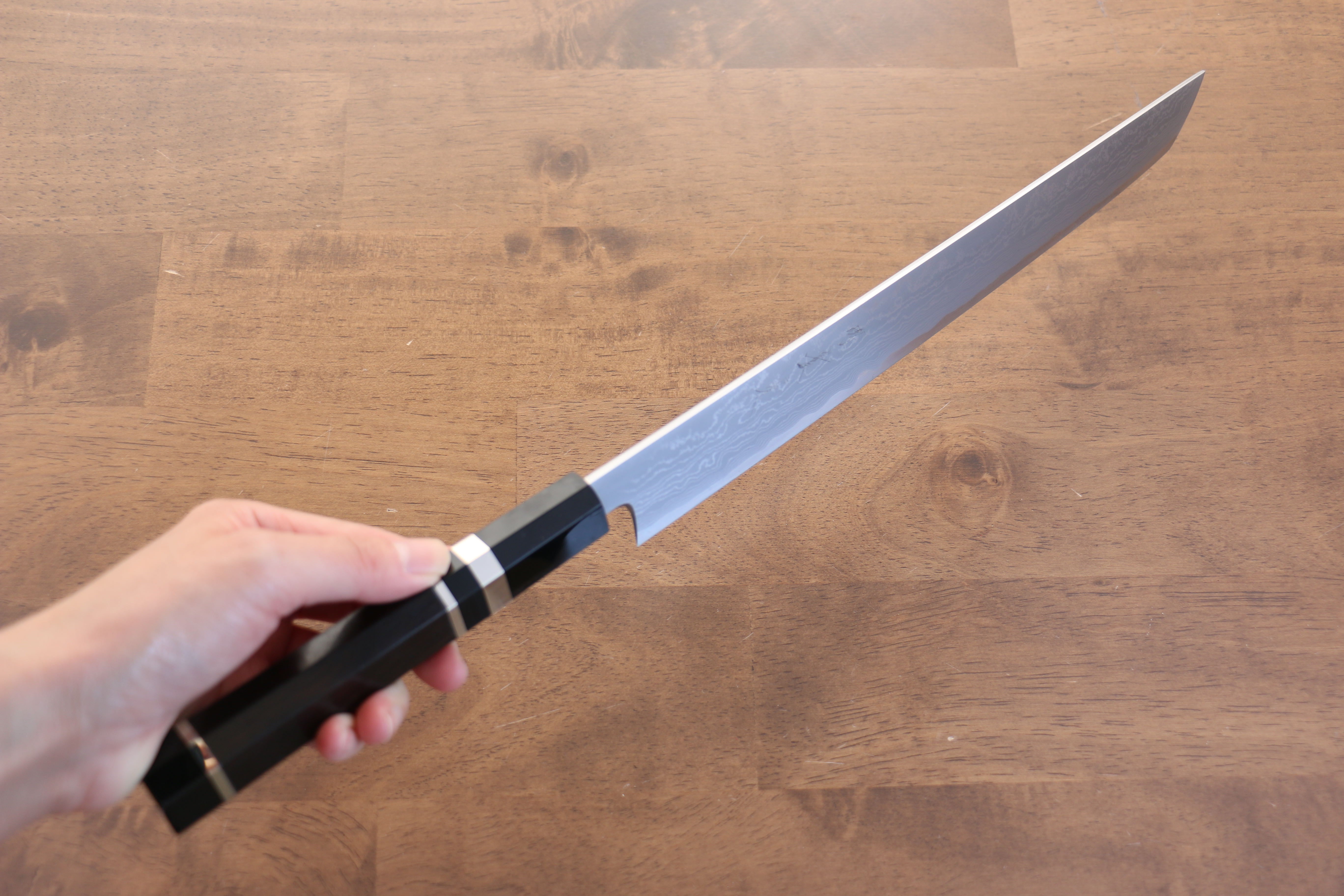 Jikko Blue Steel Damascus Sakimaru Sujihiki  270mm Ebony with Double Ring Handle - Japanny - Best Japanese Knife