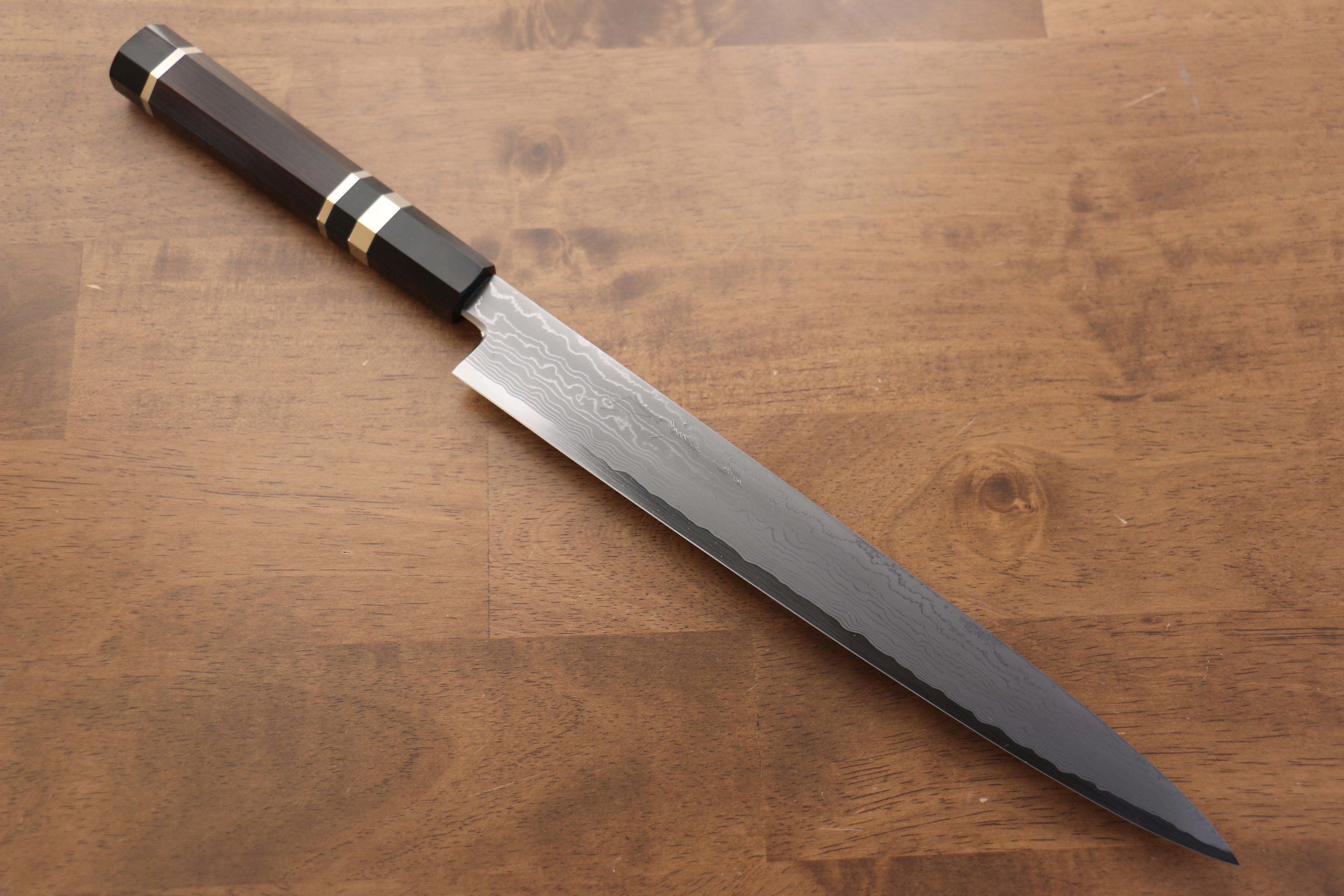 Jikko Blue Steel Damascus Sujihiki  270mm Ebony with Double Ring Handle - Japanny - Best Japanese Knife