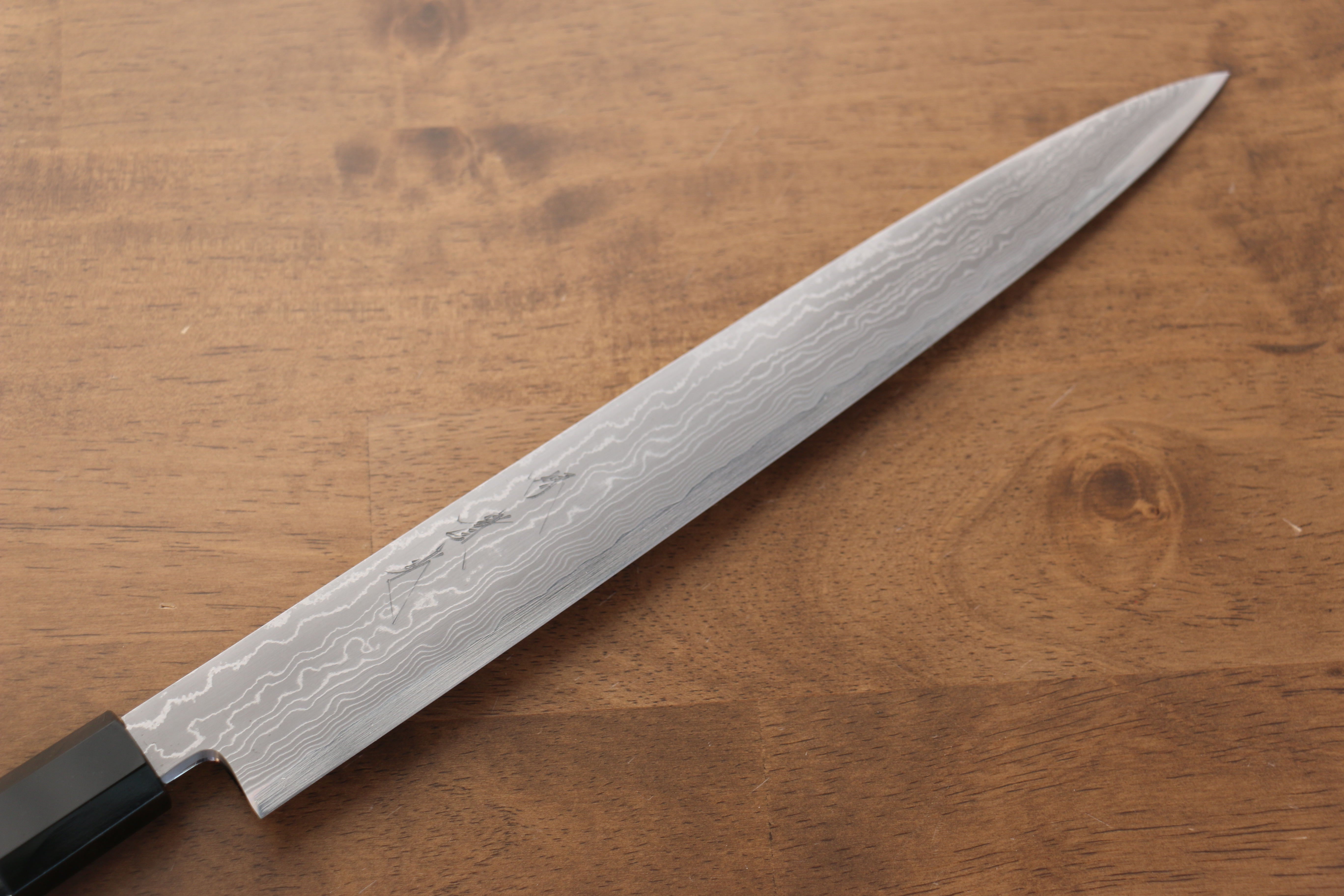 Jikko Blue Steel Damascus Sujihiki  300mm Ebony with Double Ring Handle - Japanny - Best Japanese Knife