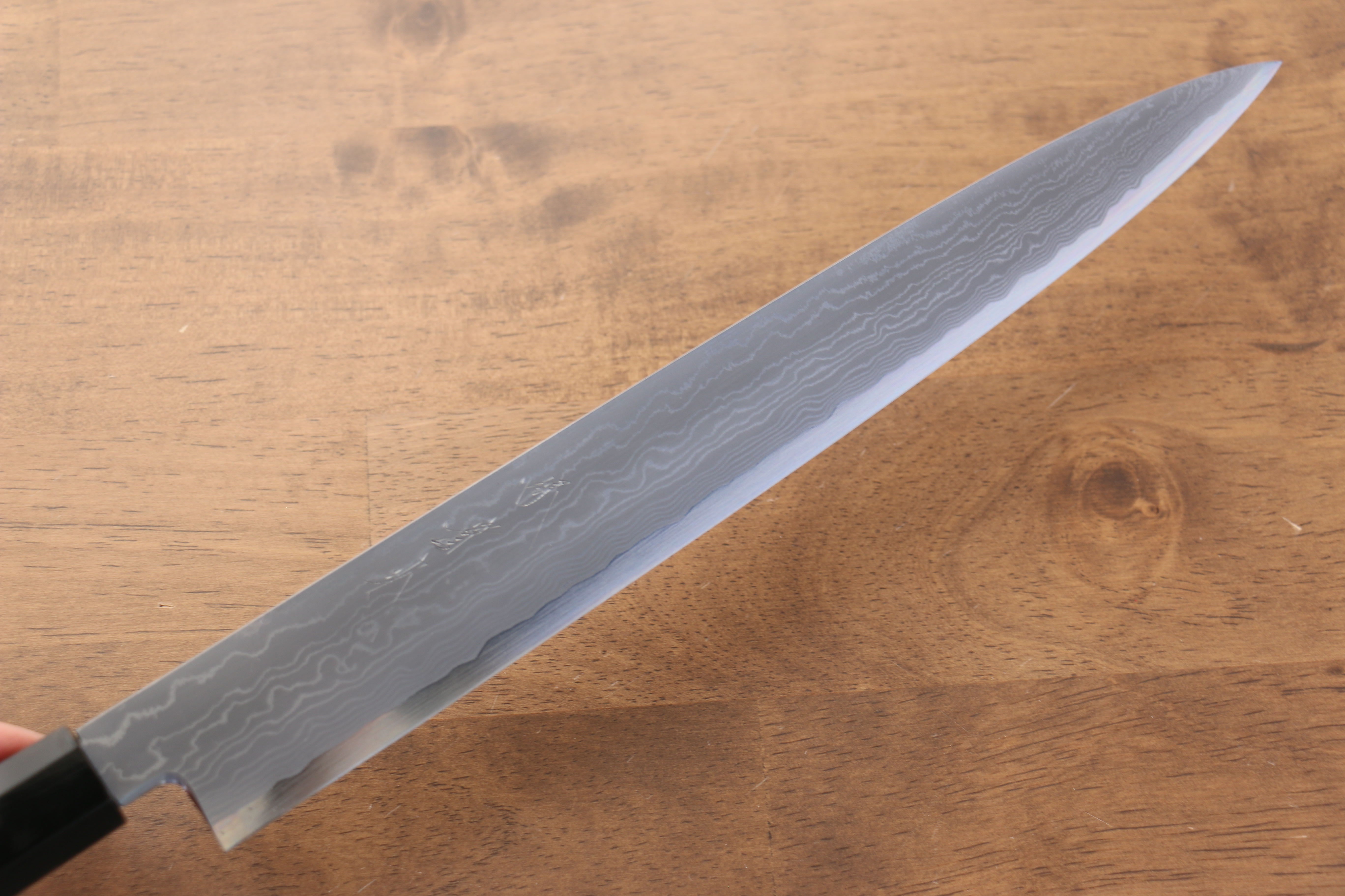 Jikko Blue Steel Damascus Sujihiki  300mm Ebony with Double Ring Handle - Japanny - Best Japanese Knife