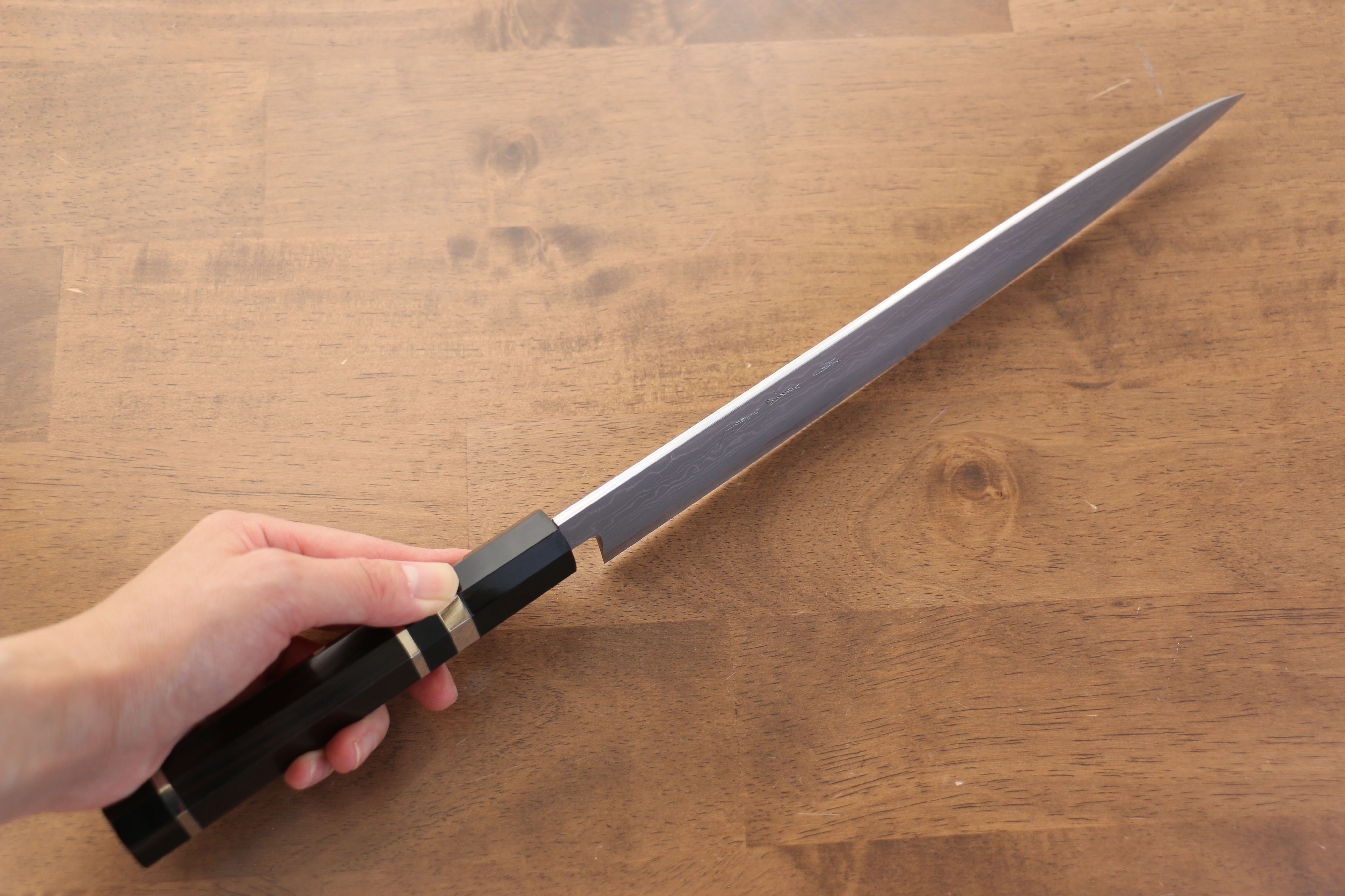Jikko Blue Steel Damascus Sujihiki  270mm Ebony with Double Ring Handle - Japanny - Best Japanese Knife