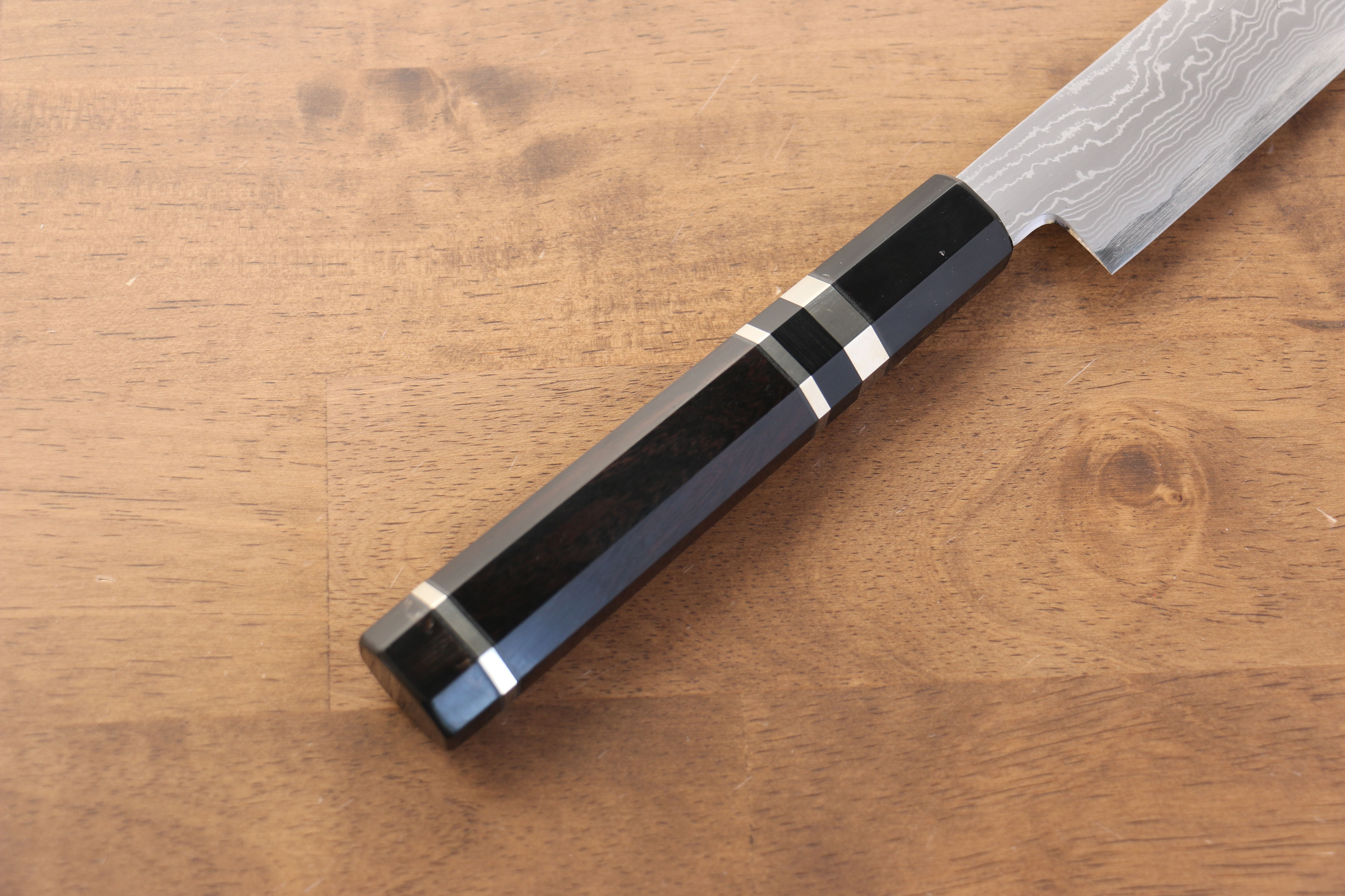 Jikko Blue Steel Damascus Sakimaru Sujihiki  300mm Ebony with Double Ring Handle - Japanny - Best Japanese Knife