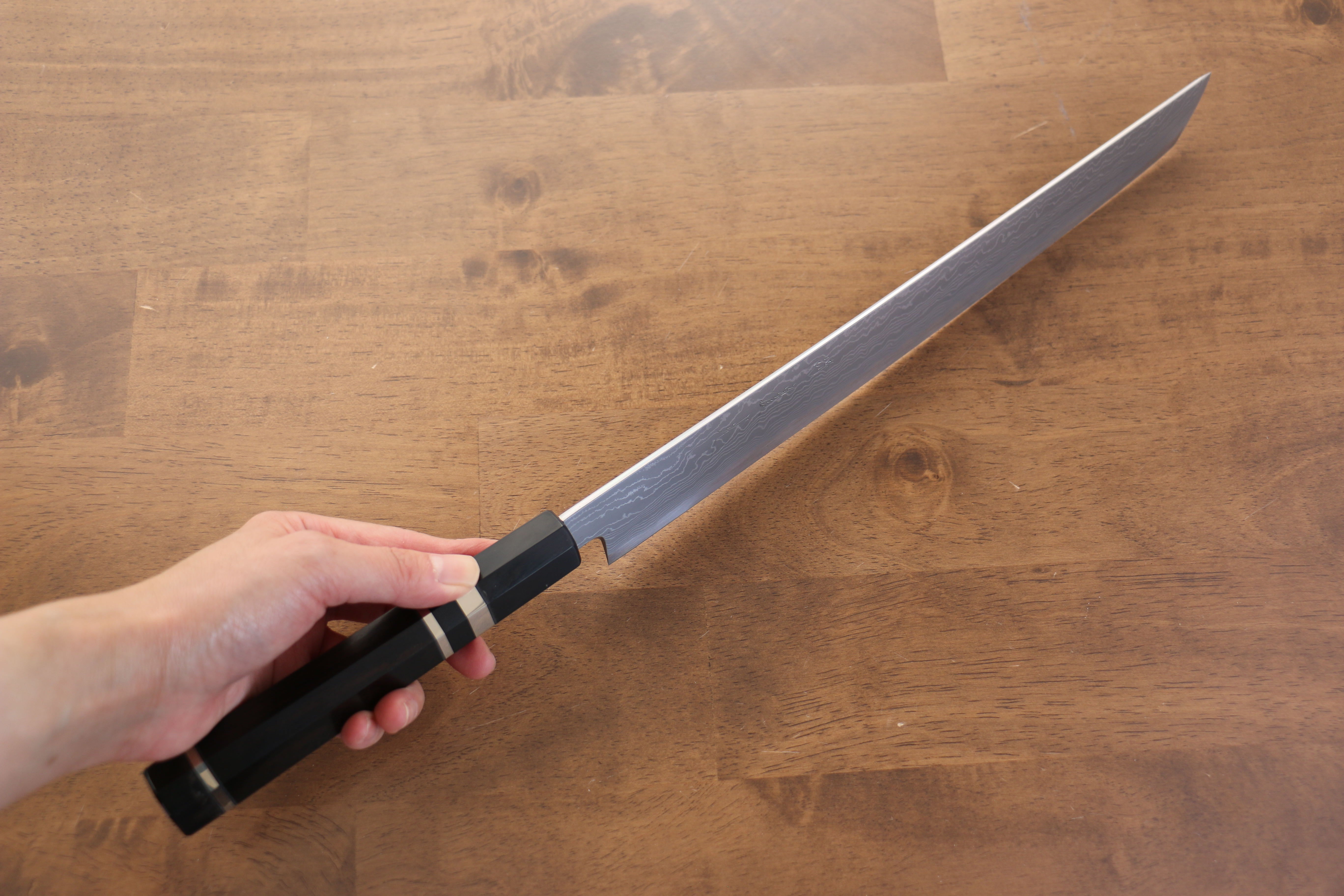 Jikko Blue Steel Damascus Sakimaru Sujihiki  300mm Ebony with Double Ring Handle - Japanny - Best Japanese Knife