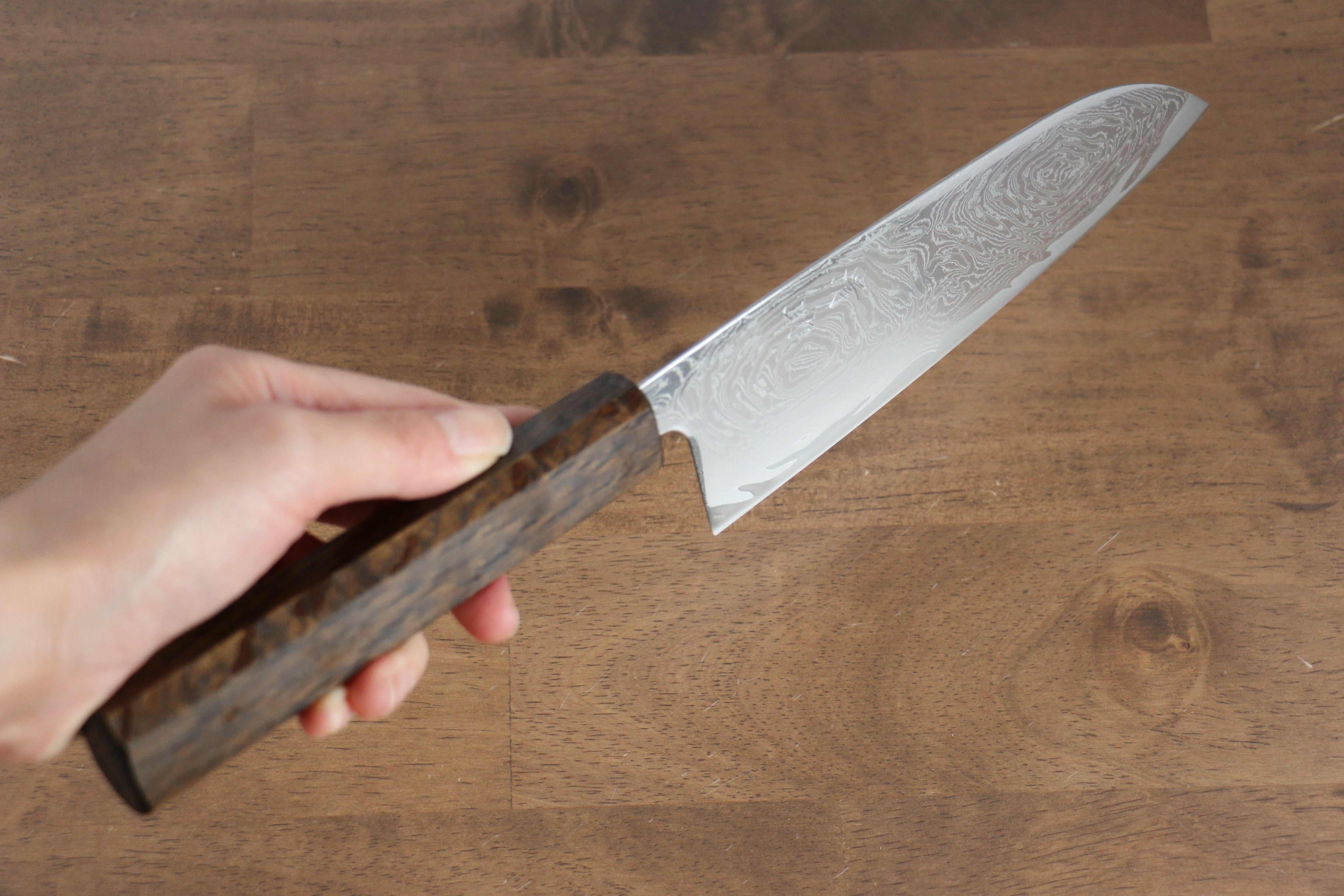 Seisuke Nami AUS10 Mirrored Finish Damascus Santoku 165mm Oak Handle - Japanny - Best Japanese Knife