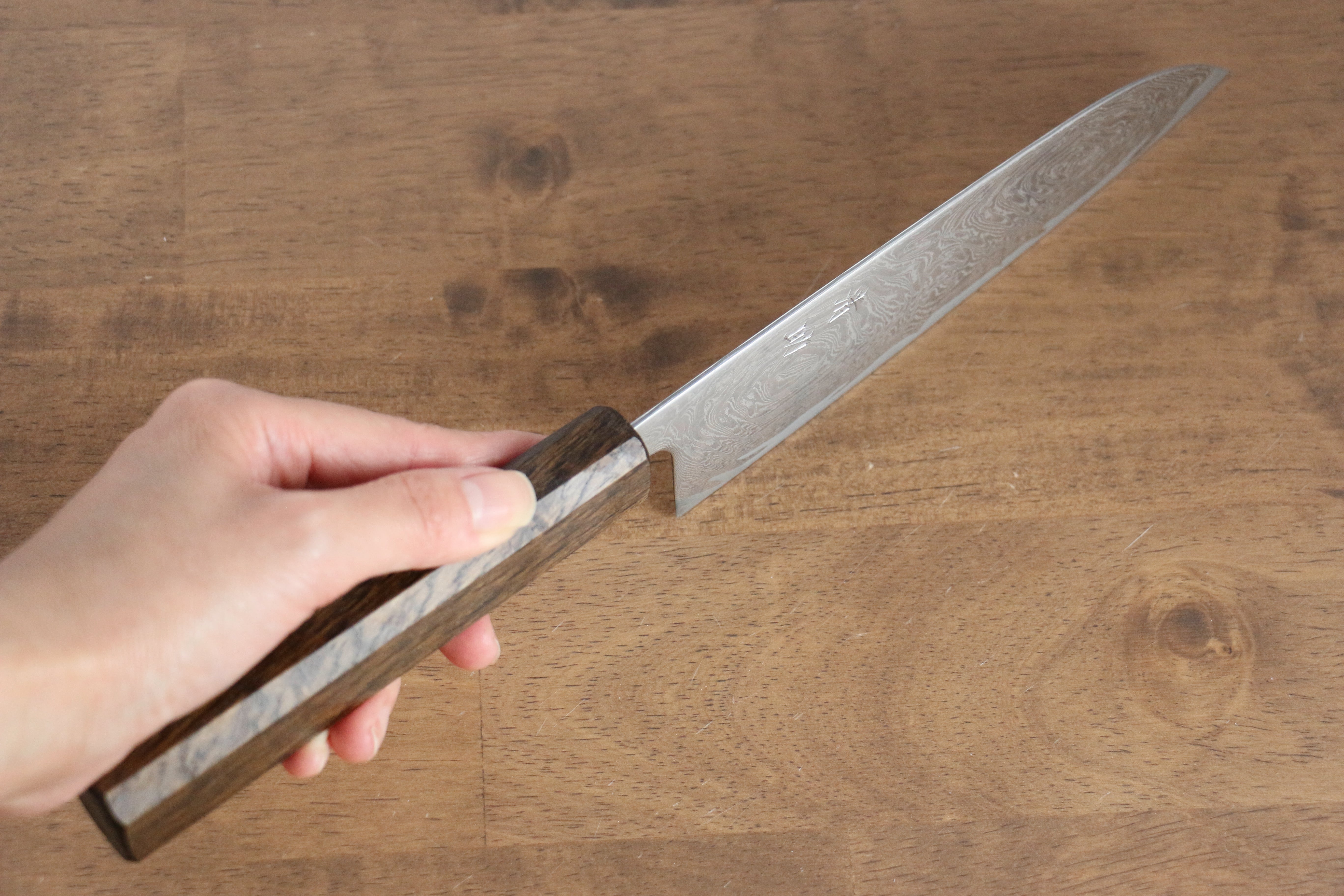 Seisuke Nami AUS10 Mirrored Finish Damascus Santoku 165mm Oak Handle - Japanny - Best Japanese Knife