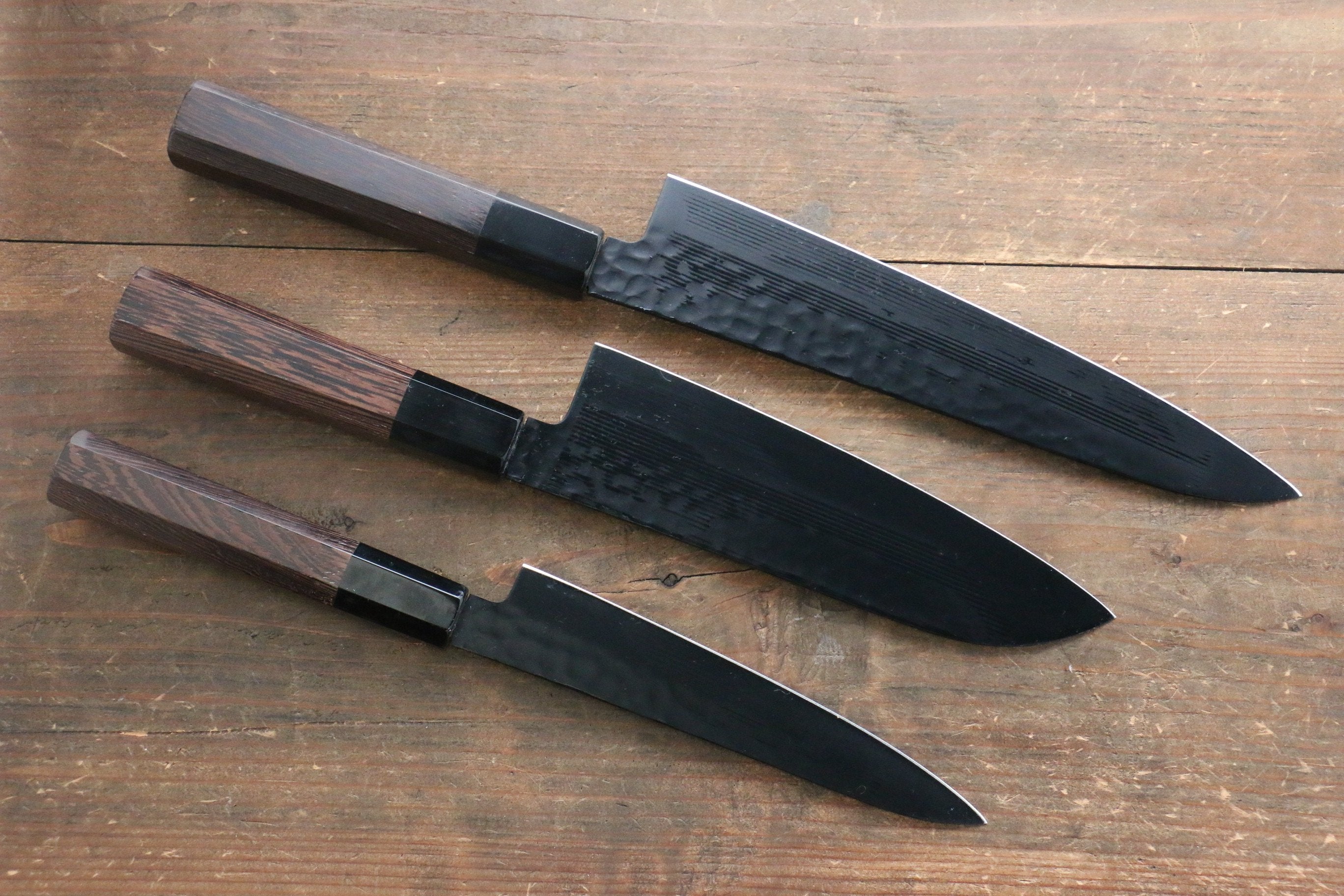Sakai Takayuki Sakai Takayuki Kurokage VG10 Hammered Teflon Coating Gyuto, Santoku & Petty 150mm with Wenge Handle Set - Japanny - Best Japanese Knife