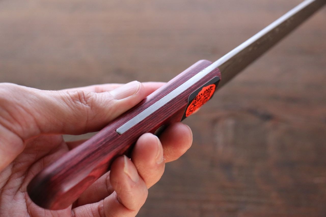 Shigeki Tanaka VG10 17 Layer Damascus Petty-Utility 150mm Red Pakka wood Handle - Japanny - Best Japanese Knife